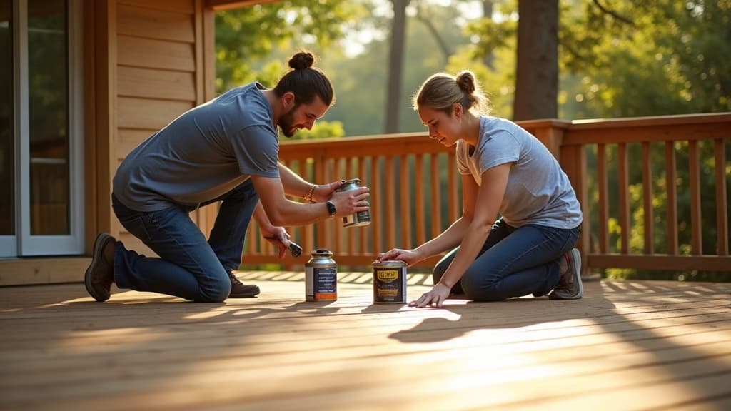 The WoodGuard Deck Care team at work on a large wooden deck