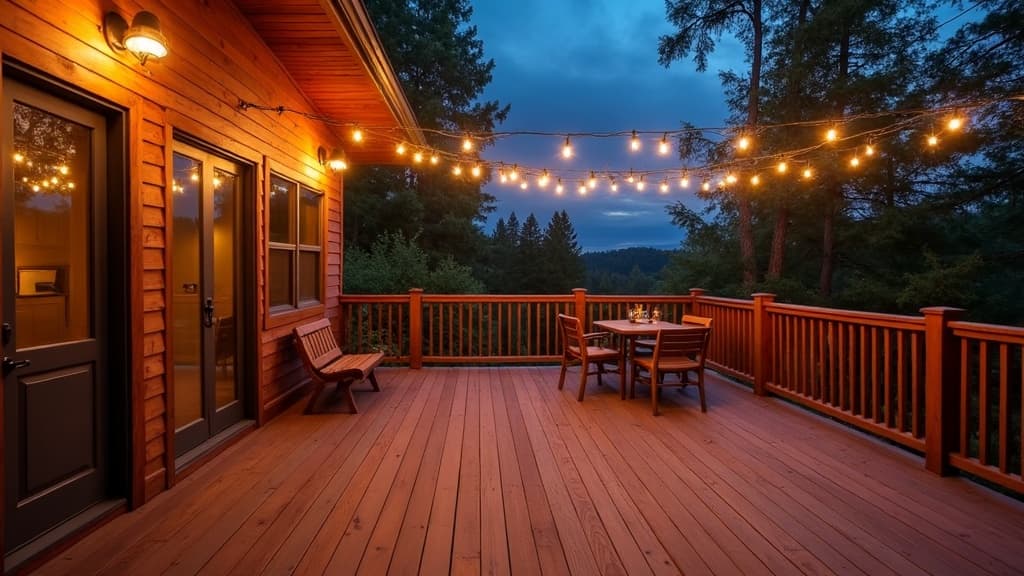 Cozy wooden deck at dusk with warm string lights after sealing