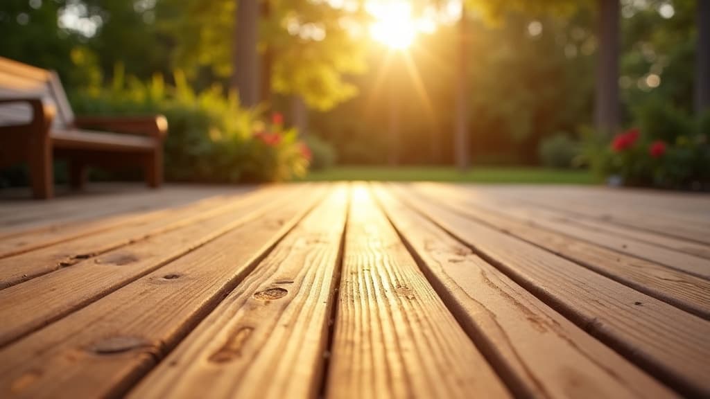Backyard wooden deck freshly sealed with rich walnut stain in warm afternoon sunlight